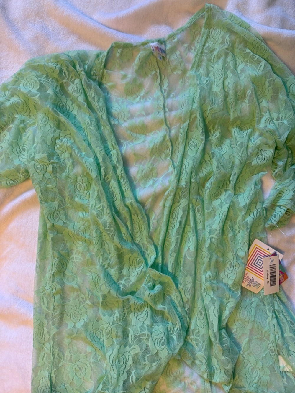 LuLaRoe Light Mint Lace Lindsay Kimono